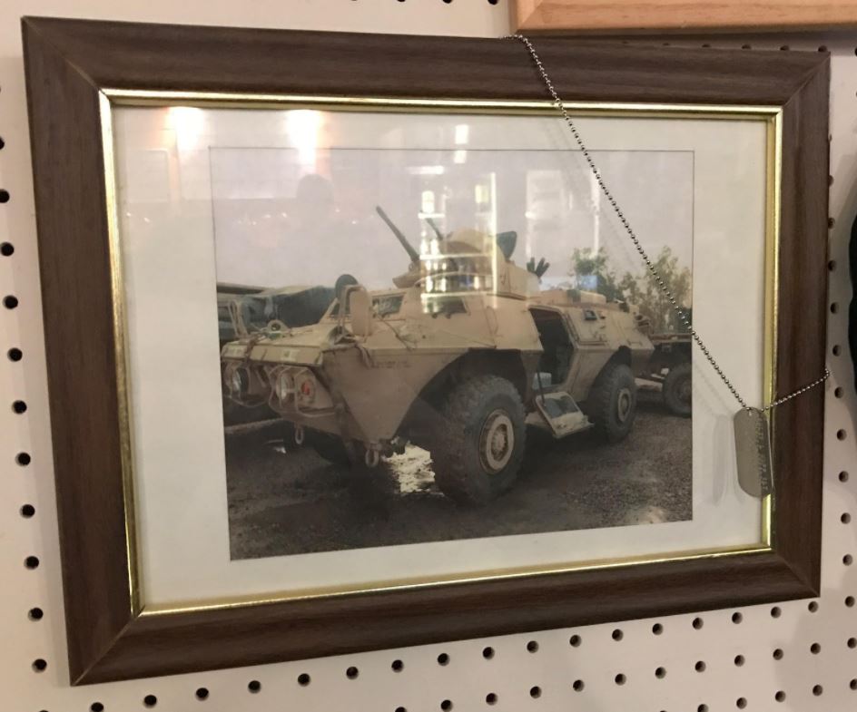 Photo of Jon Guncay’s Armored Security Vehicle that he drove while deployed in Iraq. This photo was hanging in Redding California VFW Post 1934.