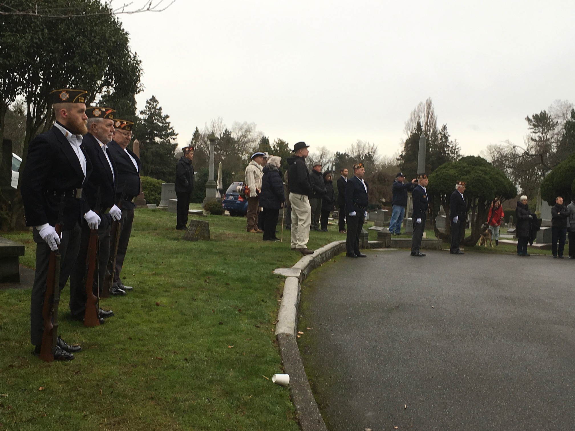 From left to right: Anthony Rose, Dan Stokke, Norm Limric, Joe Fitzgerald, Harold Rodenberger, and Bill Griffith participate in the Dec. 16 Wreaths Across America Memorial Service at Lakeview Cemetery in Seattle.